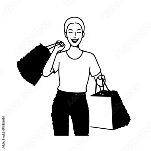 Black and white line art of a beautiful happy woman carrying shopping bags minimalist cheerful illustration