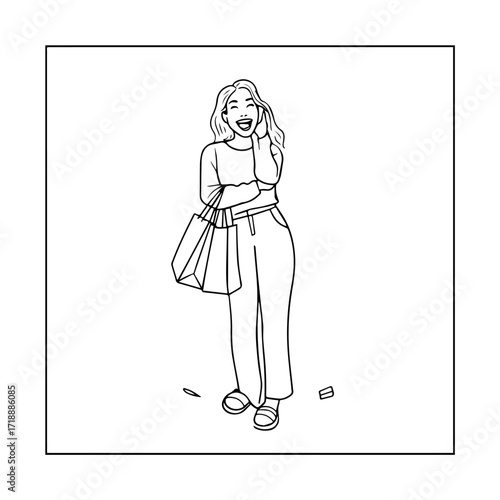 Black and white line art of a beautiful happy woman carrying shopping bags minimalist cheerful illustration