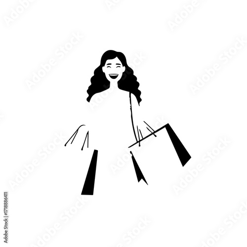 Black and white line art of a beautiful happy woman carrying shopping bags minimalist cheerful illustration