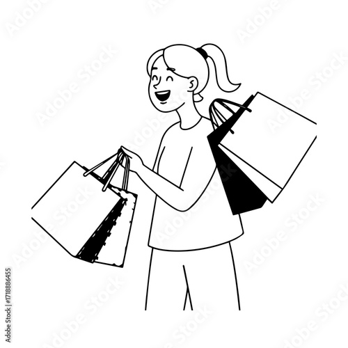 Black and white line art of a beautiful happy woman carrying shopping bags minimalist cheerful illustration