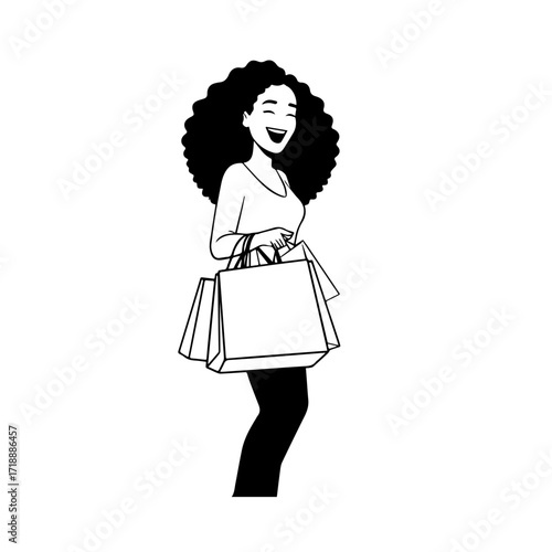 Black and white line art of a beautiful happy woman carrying shopping bags minimalist cheerful illustration
