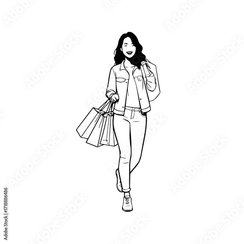 Black and white line art of a beautiful happy woman carrying shopping bags minimalist cheerful illustration