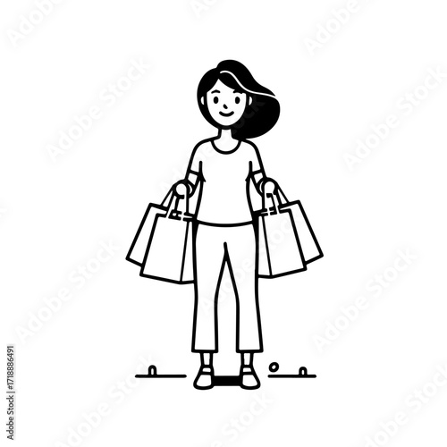 Black and white line art of a beautiful happy woman carrying shopping bags minimalist cheerful illustration
