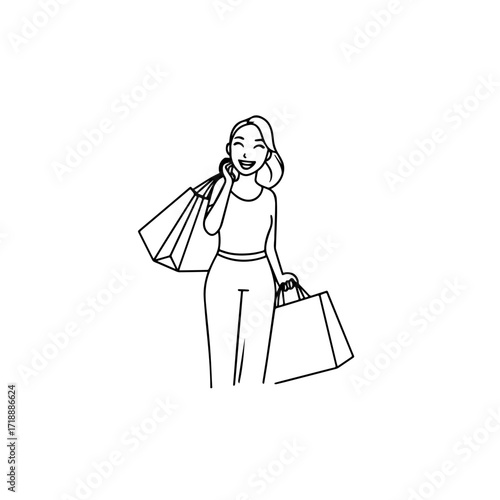 Black and white line art of a beautiful happy woman carrying shopping bags minimalist cheerful illustration