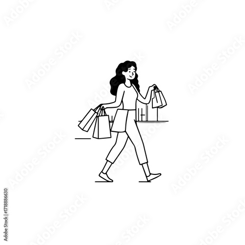 Black and white line art of a beautiful happy woman carrying shopping bags minimalist cheerful illustration