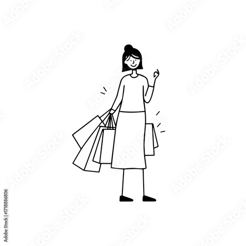 Black and white line art of a beautiful happy woman carrying shopping bags minimalist cheerful illustration