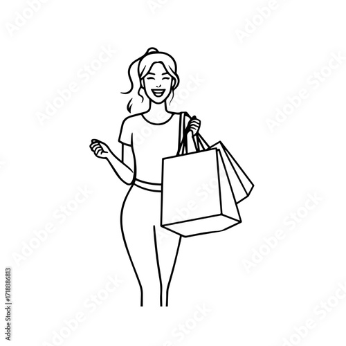 Black and white line art of a beautiful happy woman carrying shopping bags minimalist cheerful illustration