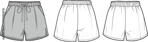 Technical shorts fashion flat sketch, front view garment illustration, curved hem activewear design, adjustable drawstring waistband, apparel template, clothing construction