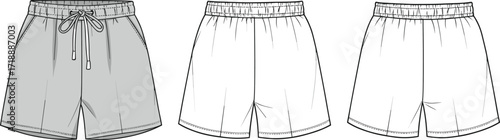 "Technical fashion flat sketch shorts, front view garment illustration, drawstring waistband, pocket detail, stitching lines, apparel design template, vector outline, clothing production reference"