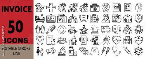 50 icon set vector art of collection of 50 medical icons in line style