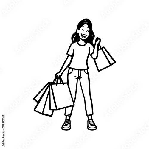 Black and white line art of a beautiful happy woman carrying shopping bags minimalist cheerful illustration