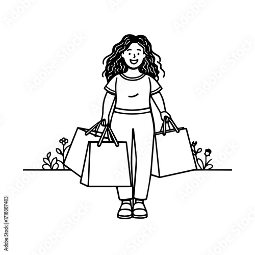 Black and white line art of a beautiful happy woman carrying shopping bags minimalist cheerful illustration