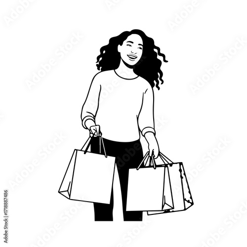 Black and white line art of a beautiful happy woman carrying shopping bags minimalist cheerful illustration