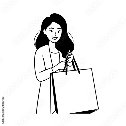 Black and white line art of a beautiful happy woman carrying shopping bags minimalist cheerful illustration