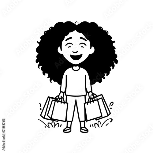 Black and white line art of a beautiful happy woman carrying shopping bags minimalist cheerful illustration