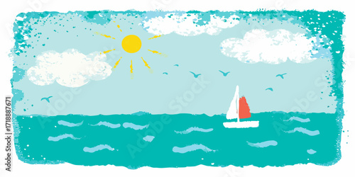 Whimsical sailboat glides across a bright blue ocean under a sunny sky with fluffy clouds and flying birds