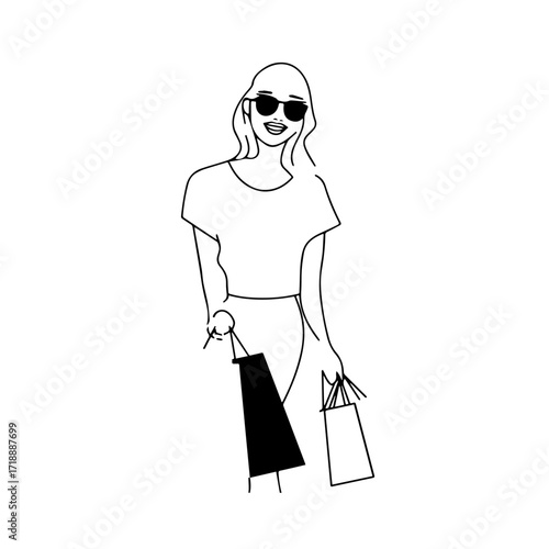 Black and white line art of a beautiful happy woman carrying shopping bags minimalist cheerful illustration