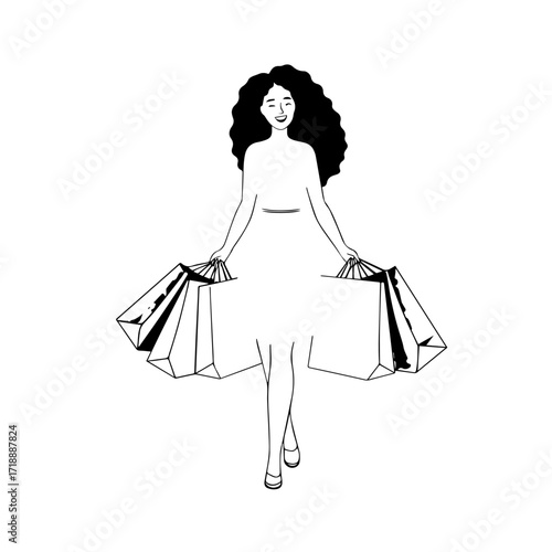 Black and white line art of a beautiful happy woman carrying shopping bags minimalist cheerful illustration
