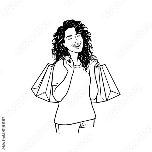 Black and white line art of a beautiful happy woman carrying shopping bags minimalist cheerful illustration
