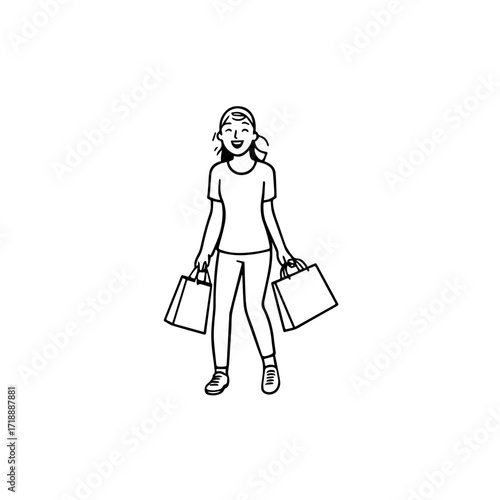 Black and white line art of a beautiful happy woman carrying shopping bags minimalist cheerful illustration