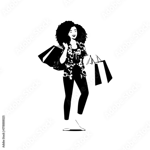 Black and white line art of a beautiful happy woman carrying shopping bags minimalist cheerful illustration