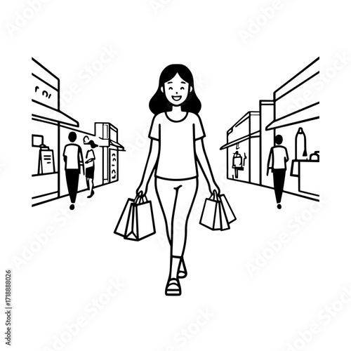 Black and white line art of a beautiful happy woman carrying shopping bags minimalist cheerful illustration