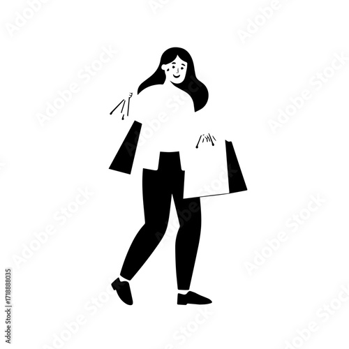 Black and white line art of a beautiful happy woman carrying shopping bags minimalist cheerful illustration