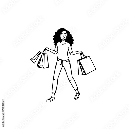 Black and white line art of a beautiful happy woman carrying shopping bags minimalist cheerful illustration