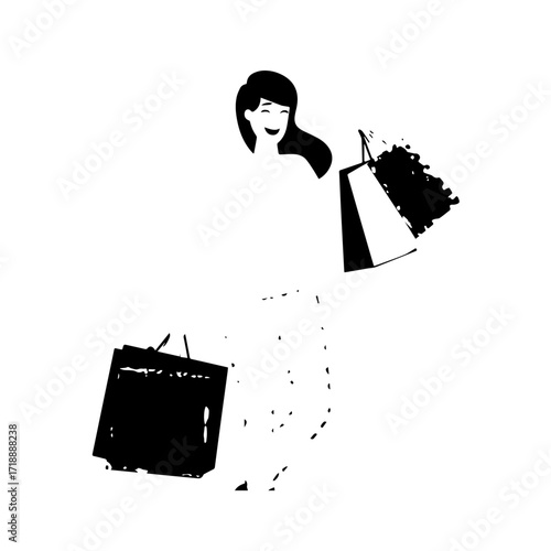 Black and white line art of a beautiful happy woman carrying shopping bags minimalist cheerful illustration