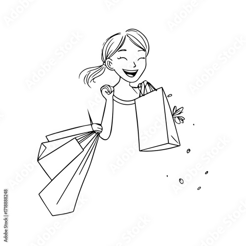 Black and white line art of a beautiful happy woman carrying shopping bags minimalist cheerful illustration