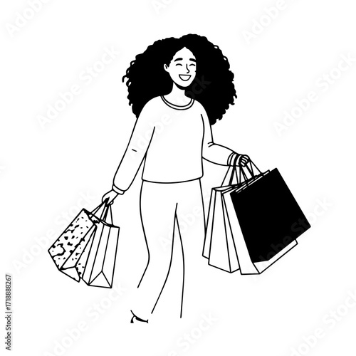 Black and white line art of a beautiful happy woman carrying shopping bags minimalist cheerful illustration