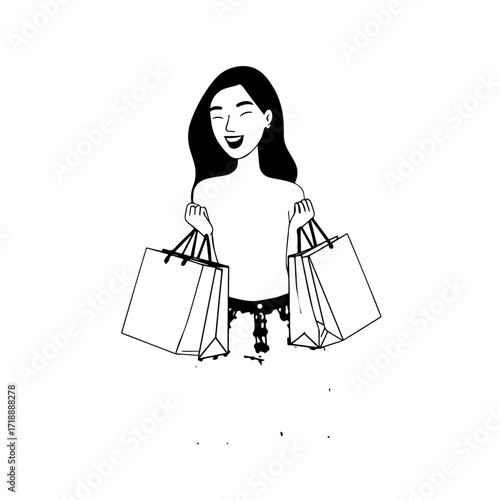 Black and white line art of a beautiful happy woman carrying shopping bags minimalist cheerful illustration
