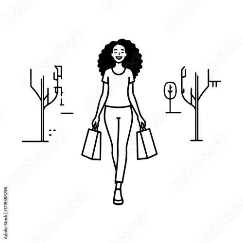 Black and white line art of a beautiful happy woman carrying shopping bags minimalist cheerful illustration