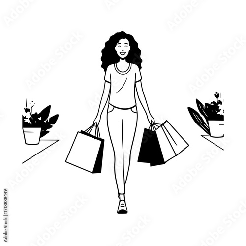 Black and white line art of a beautiful happy woman carrying shopping bags minimalist cheerful illustration
