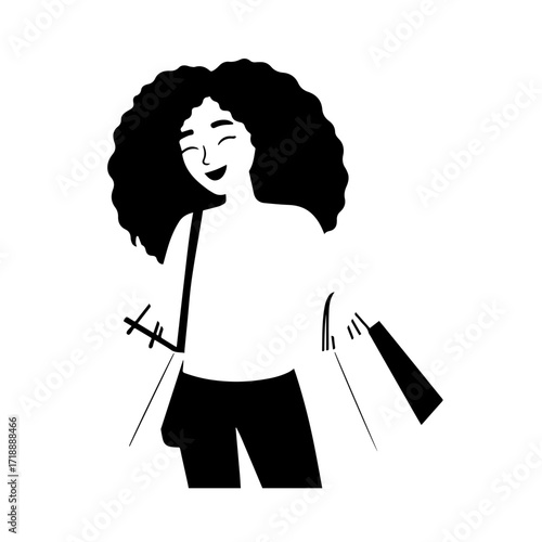 Black and white line art of a beautiful happy woman carrying shopping bags minimalist cheerful illustration