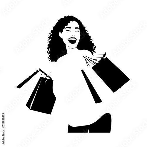 Black and white line art of a beautiful happy woman carrying shopping bags minimalist cheerful illustration