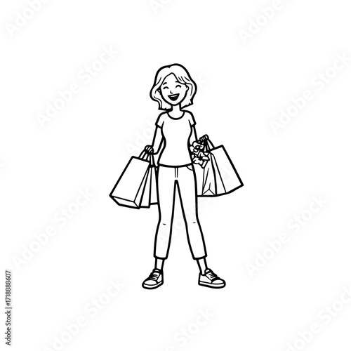 Black and white line art of a beautiful happy woman carrying shopping bags minimalist cheerful illustration