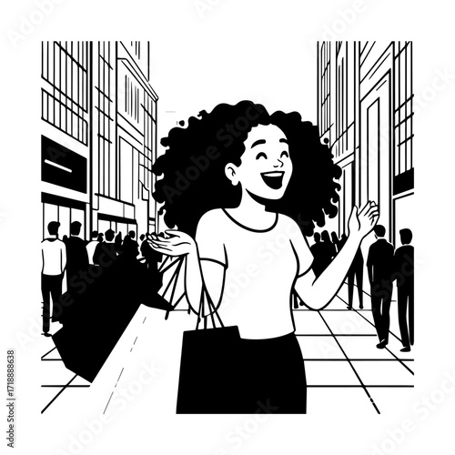 Black and white line art of a beautiful happy woman carrying shopping bags minimalist cheerful illustration