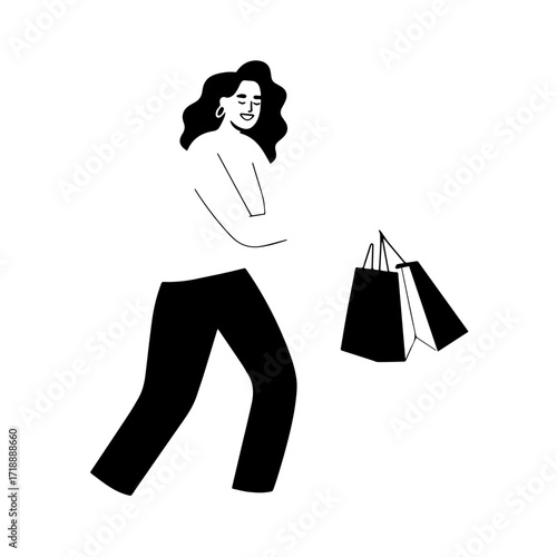 Black and white line art of a beautiful happy woman carrying shopping bags minimalist cheerful illustration