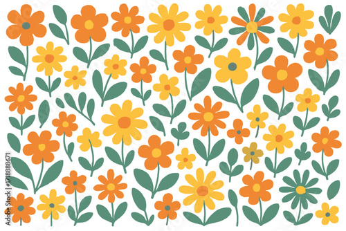 Retro groovy vintage flowers seamless pattern in tropical aesthetic style, decorative hippie naive 60's 70's boho background with minimalist floral design, printable artwork