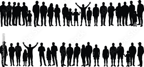 Silhouette people crowd, diverse community group, family unity, teamwork concept, children and adults together, human figures standing, social connection, friendship bond,