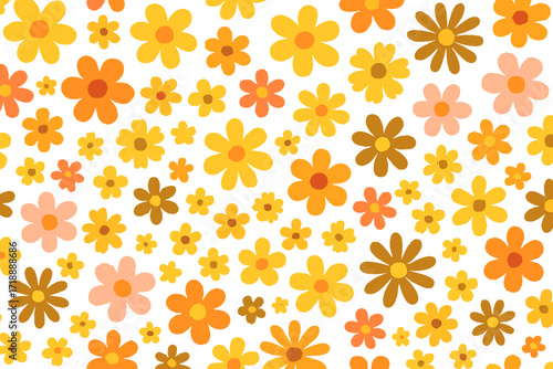 Retro vintage tropical floral pattern seamless, groovy 60s 70s style flowers, hippie boho decorative naive art, printable minimalist tropical background design