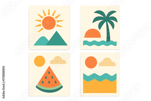 Vintage simple summer concept bright covers cards posters minimal style corporate identity branding social media promo modern design template set tropical sun beach watermelon waves palm tree