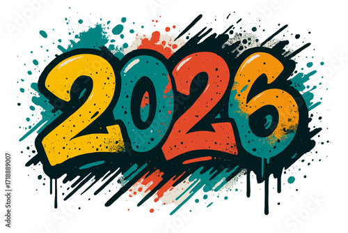 Happy New Year 2026 graffiti vector design. Urban street art typography with colorful spray paint drips and splatters. Grungy lettering for holiday card, banner or poster.