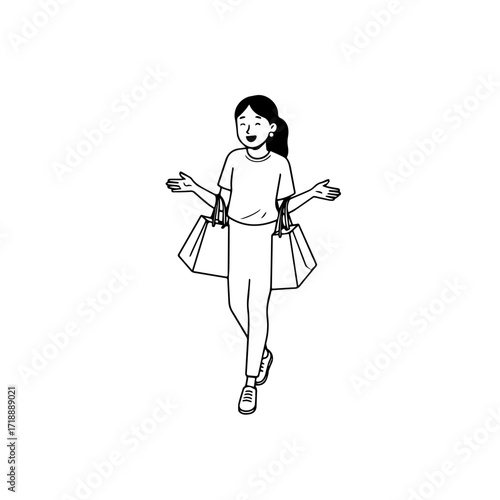 Black and white line art of a beautiful happy woman carrying shopping bags minimalist cheerful illustration
