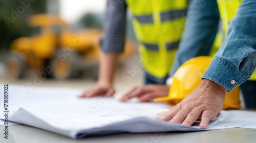 Construction Workers Reviewing Plans on Job Site with Equipment