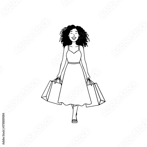 Black and white line art of a beautiful happy woman carrying shopping bags minimalist cheerful illustration