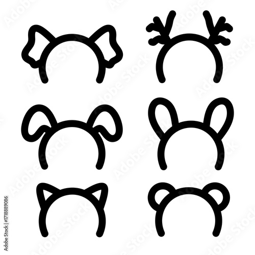 Set of cute headband animal character silhouette icon logo doodle black vector collections