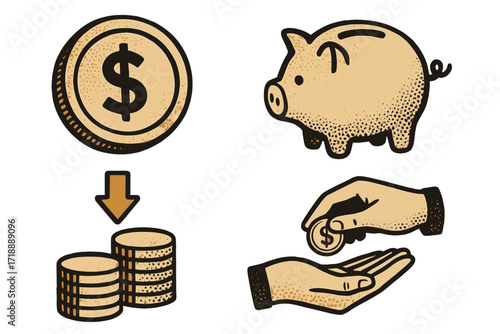 Financial icon set in vintage halftone style. Concepts of saving money in a piggy bank, payment, salary, and financial planning. Vector cartoon paper cut out design illustration.