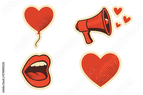Valentine's day retro vector set. Pop art sticker collection with heart balloon, megaphone, and open mouth. Love announcement concept with halftone paper cut symbols.